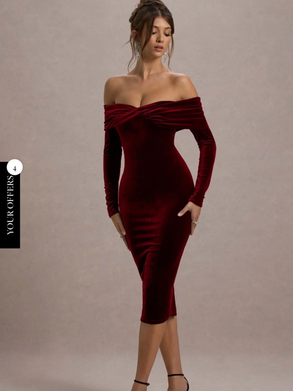 Club L London Off-Shoulder Velvet Midi Dress in Burgundy